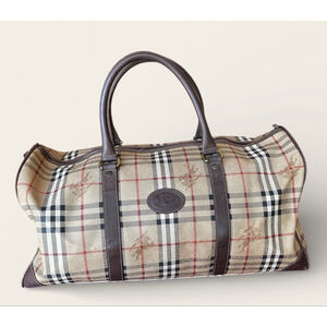 Burberry Beige Brown Plaid Coated Canvas & Leather Haymarket Travel Duffle Bag